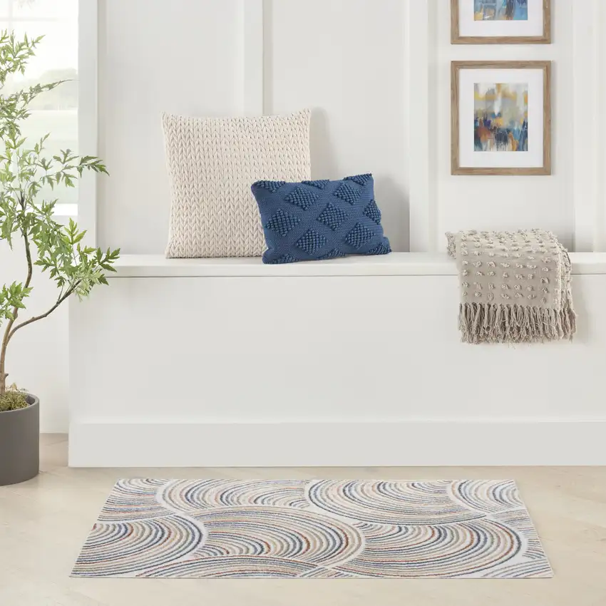 Blue and Ivory Abstract Power Loom Washable Area Rug Photo 5