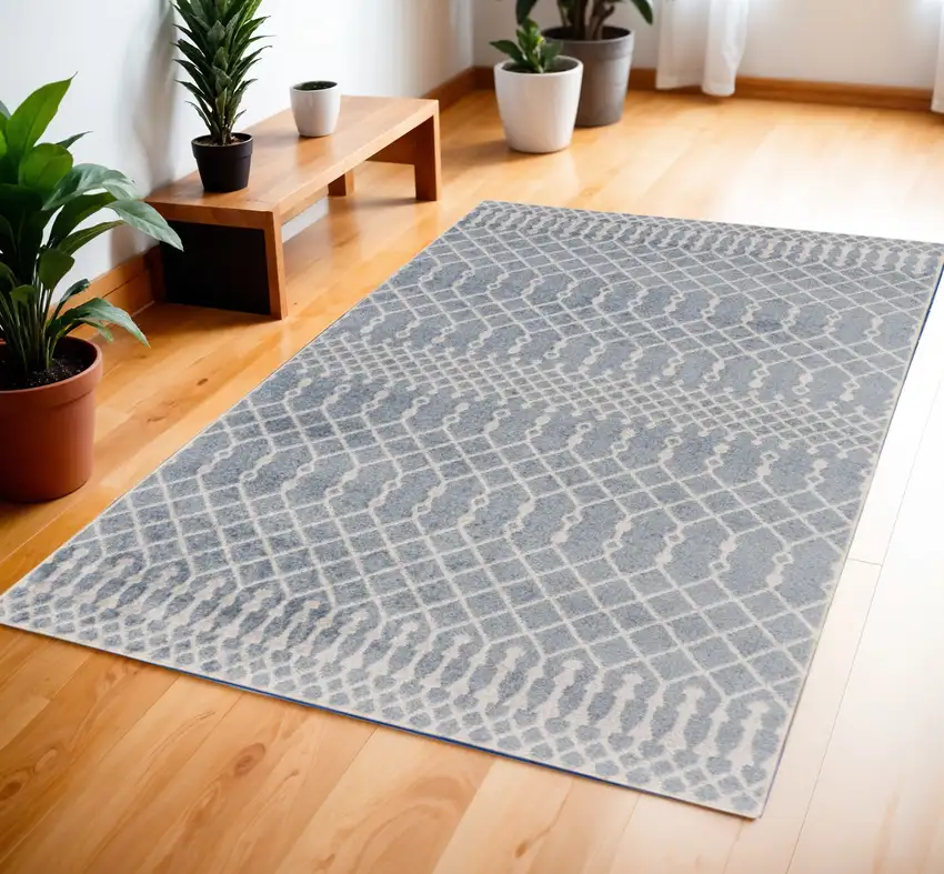 Blue and Ivory Abstract Power Loom Washable Area Rug Photo 2