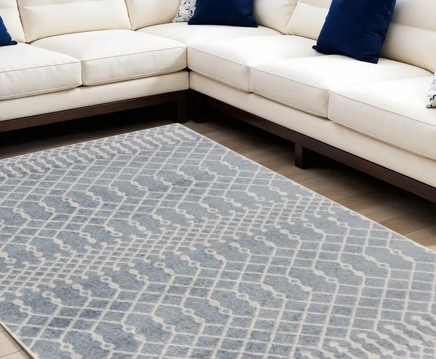 Blue and Ivory Abstract Power Loom Washable Area Rug Photo 2