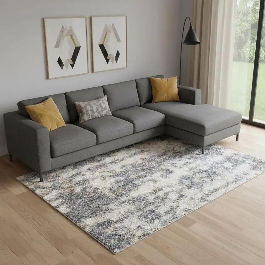 Blue and Ivory Abstract Power Loom Washable Area Rug Photo 1