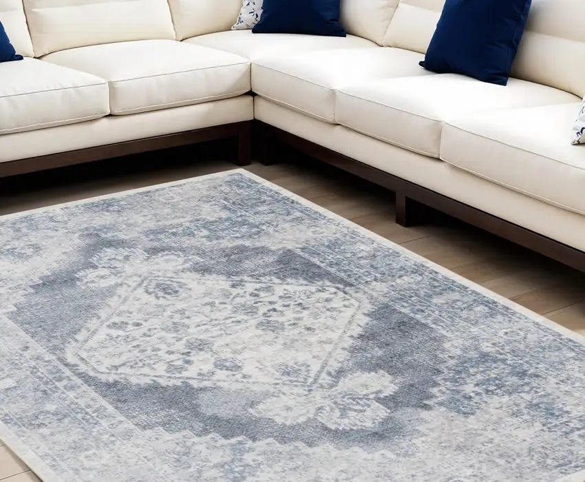 Blue and Ivory Abstract Power Loom Washable Area Rug Photo 2