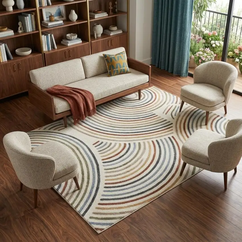 Blue and Ivory Abstract Power Loom Washable Area Rug Photo 1