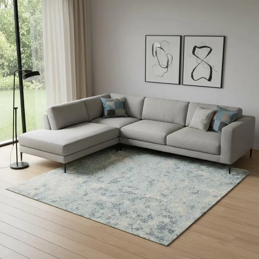 Blue and Ivory Abstract Power Loom Washable Area Rug Photo 1