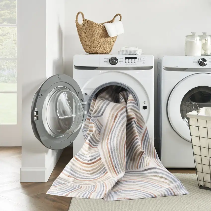 10' Blue And Ivory Abstract Washable Runner Rug Photo 6