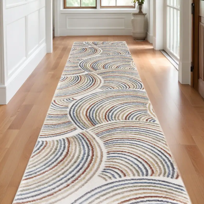 Blue and Ivory Abstract Power Loom Washable Runner Rug Photo 2