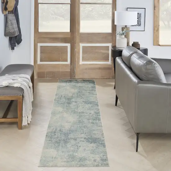 Blue and Ivory Abstract Power Loom Washable Runner Rug Photo 6