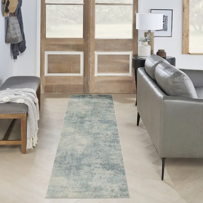 Blue and Ivory Abstract Power Loom Washable Runner Rug Photo 6