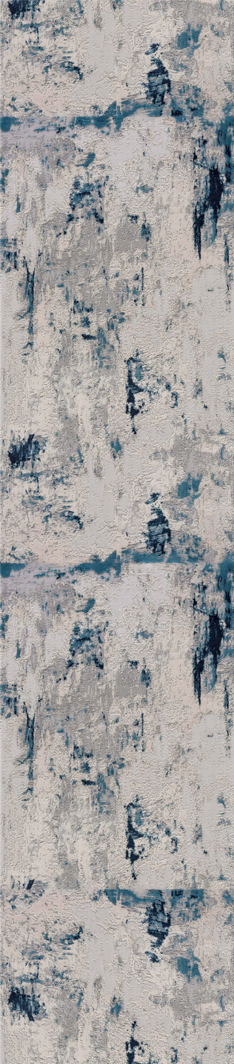 Blue and Ivory Abstract Strokes Runner Rug Photo 3