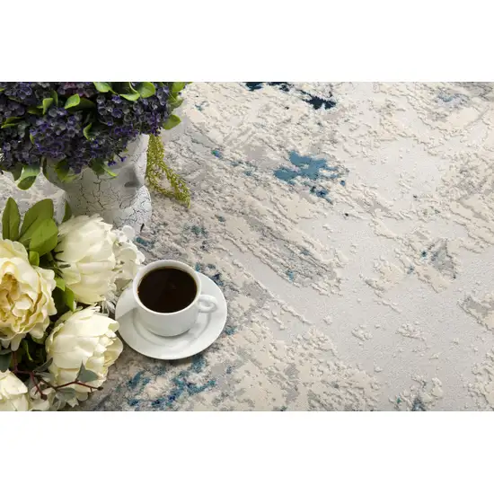 Blue and Ivory Abstract Strokes Runner Rug Photo 4