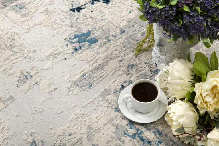 Blue and Ivory Abstract Strokes Runner Rug Photo 1