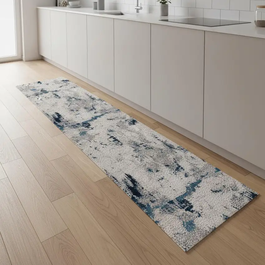 8' Blue Abstract Dhurrie Runner Rug Photo 1