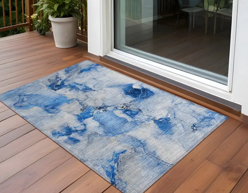 Navy Blue Abstract Washable Indoor Outdoor Area Rug Photo 1