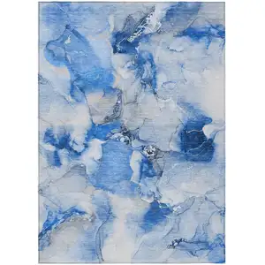 Photo of Blue and Ivory Abstract Washable Non Skid Indoor Outdoor Area Rug