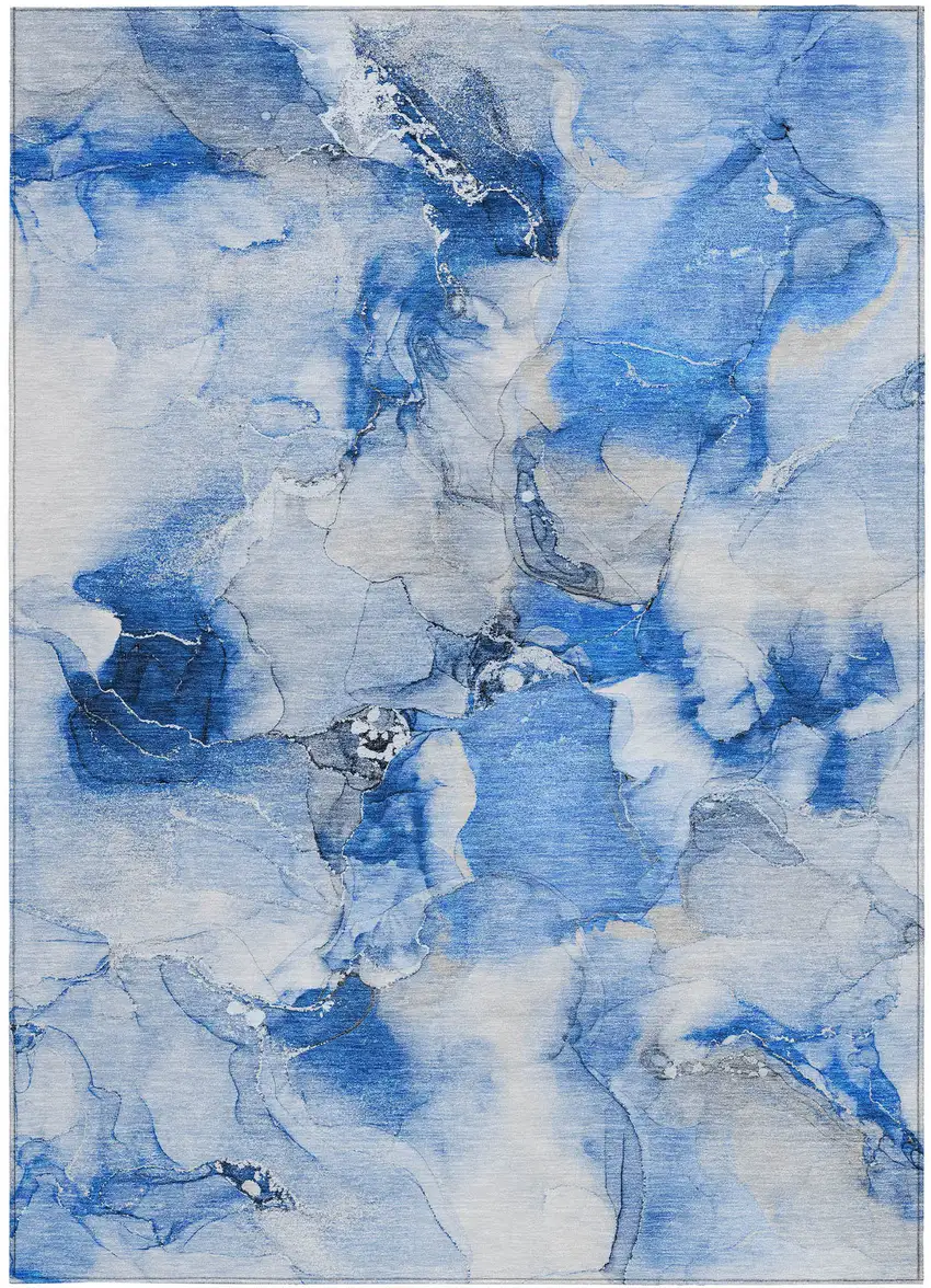 Blue and Ivory Abstract Washable Non Skid Indoor Outdoor Area Rug Photo 2