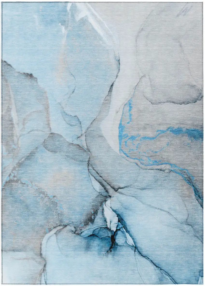 Blue and Ivory Abstract Washable Non Skid Indoor Outdoor Area Rug Photo 2