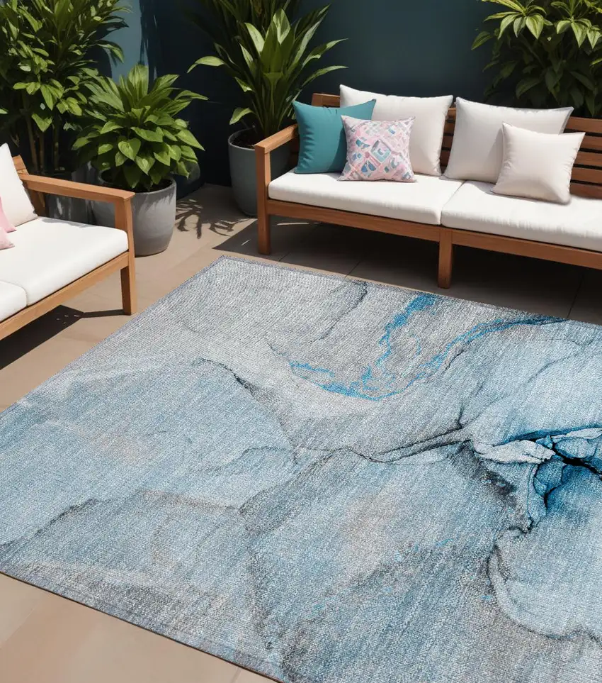 Blue and Ivory Abstract Washable Non Skid Indoor Outdoor Area Rug Photo 1