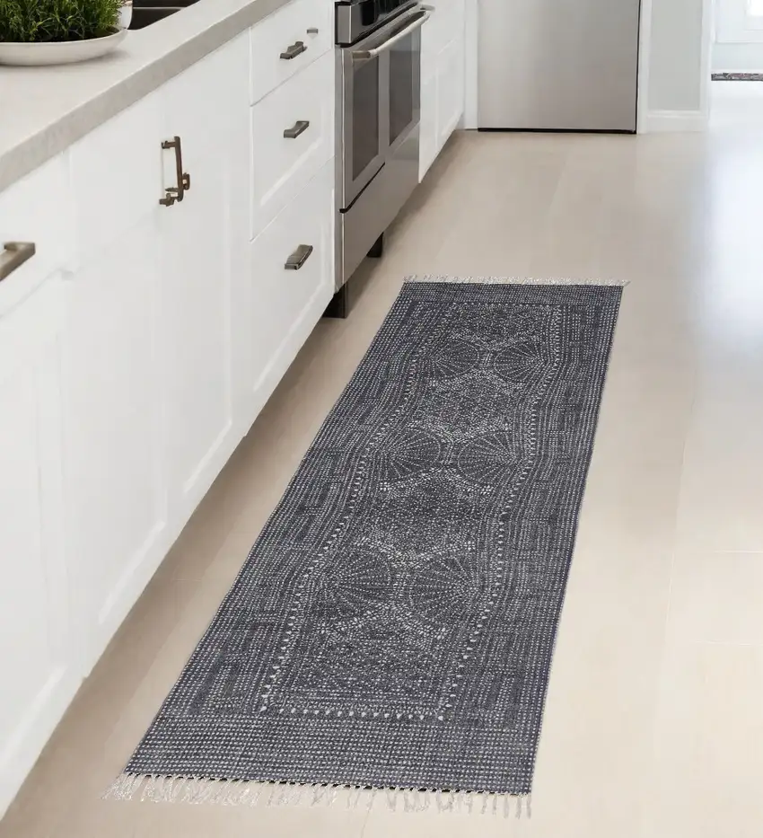3' X 8' Blue And Ivory Batik Runner Rug Photo 1