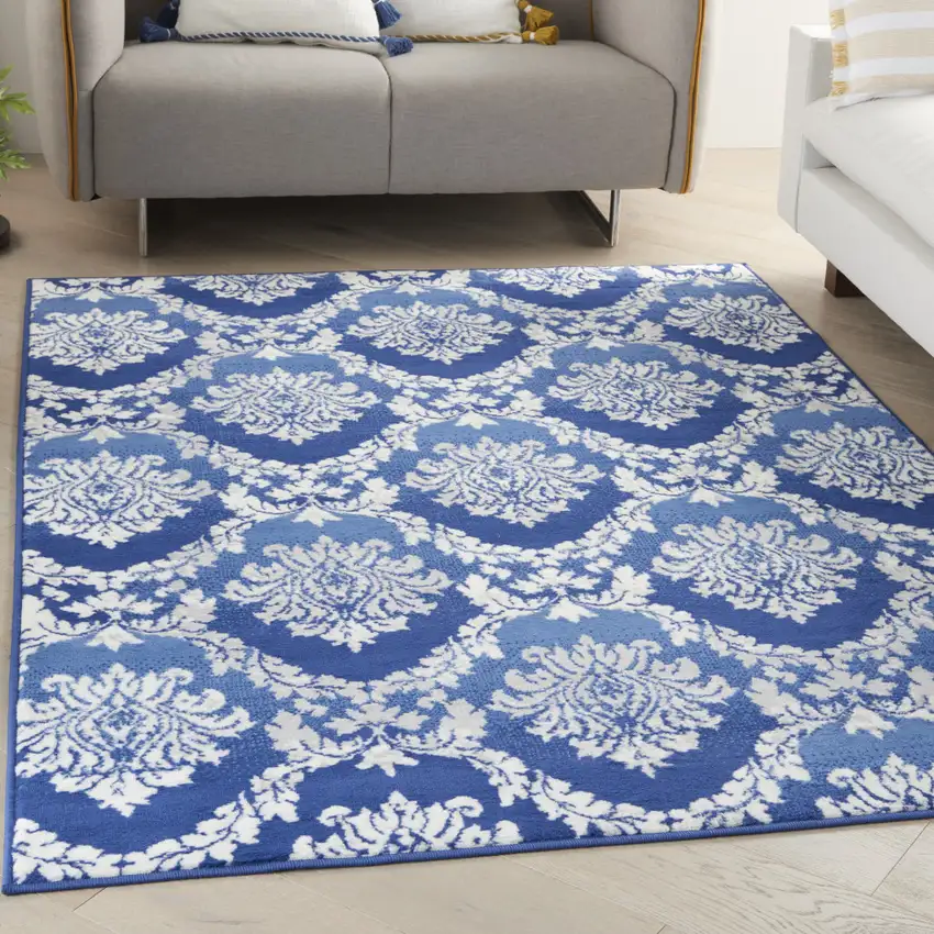 Blue And Ivory Damask Distressed Area Rug Photo 5