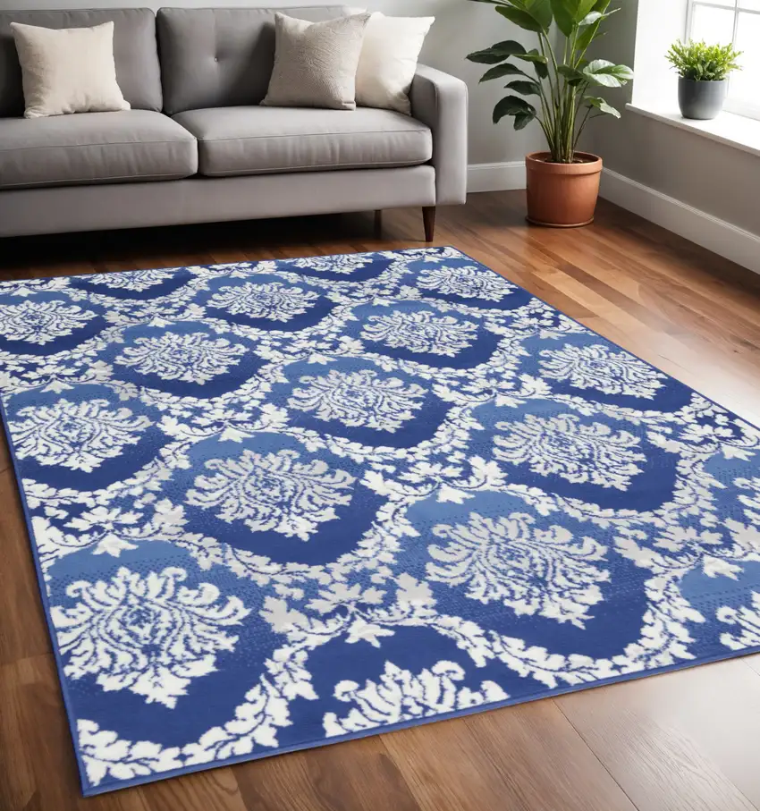 Blue And Ivory Damask Distressed Area Rug Photo 2
