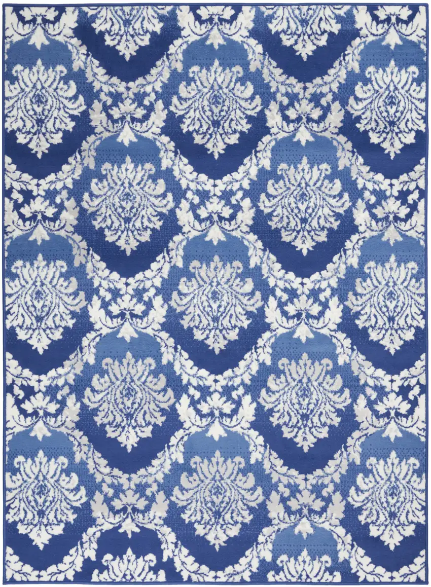 Blue And Ivory Damask Distressed Area Rug Photo 7