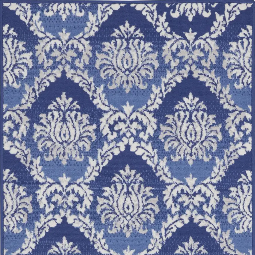 Blue and Ivory Damask Distressed Area Rug Photo 6