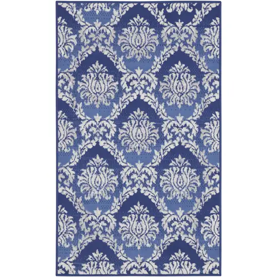Blue and Ivory Damask Distressed Area Rug Photo 2