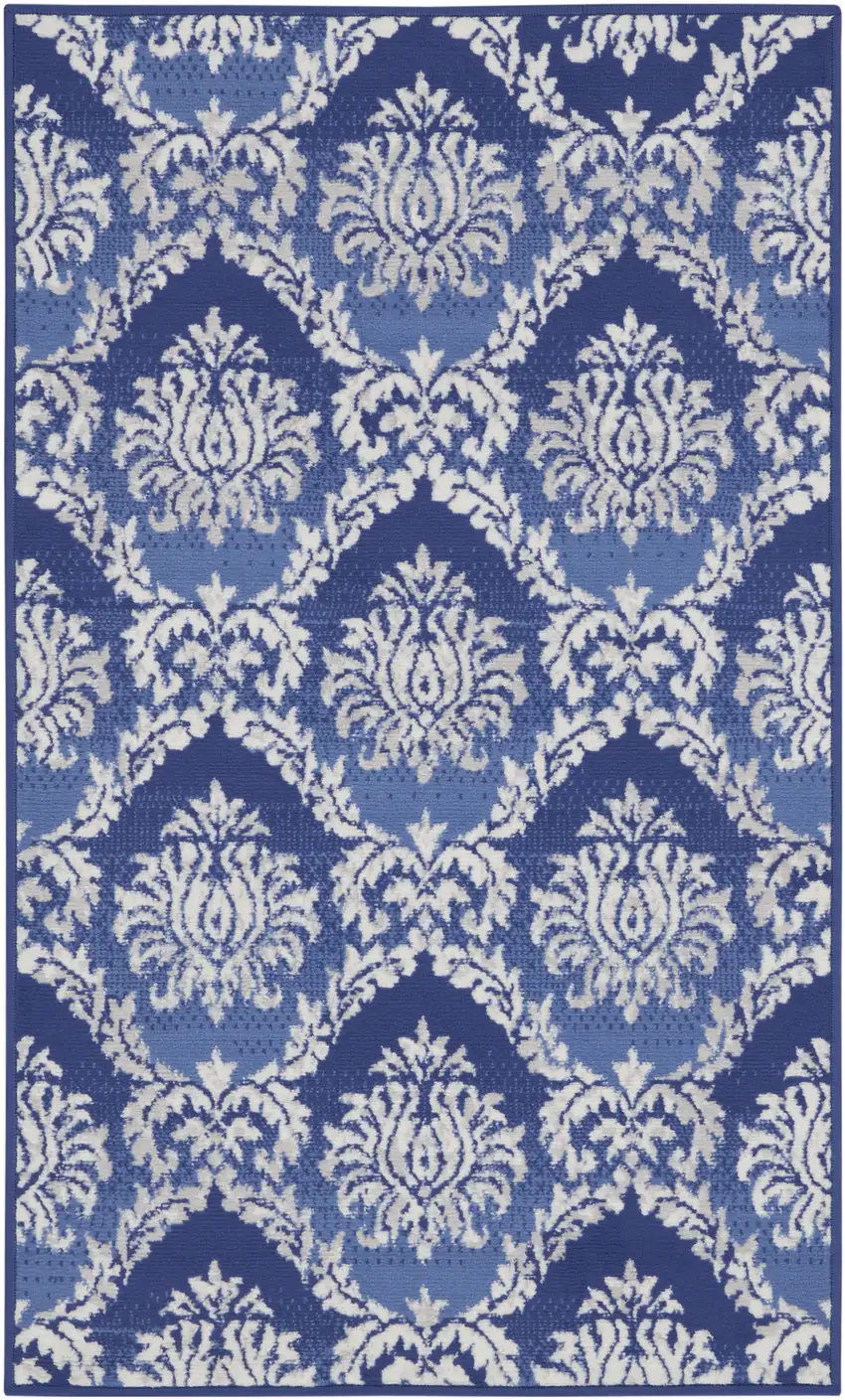 Blue and Ivory Damask Distressed Area Rug Photo 2