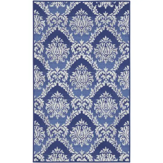Blue and Ivory Damask Distressed Area Rug Photo 1
