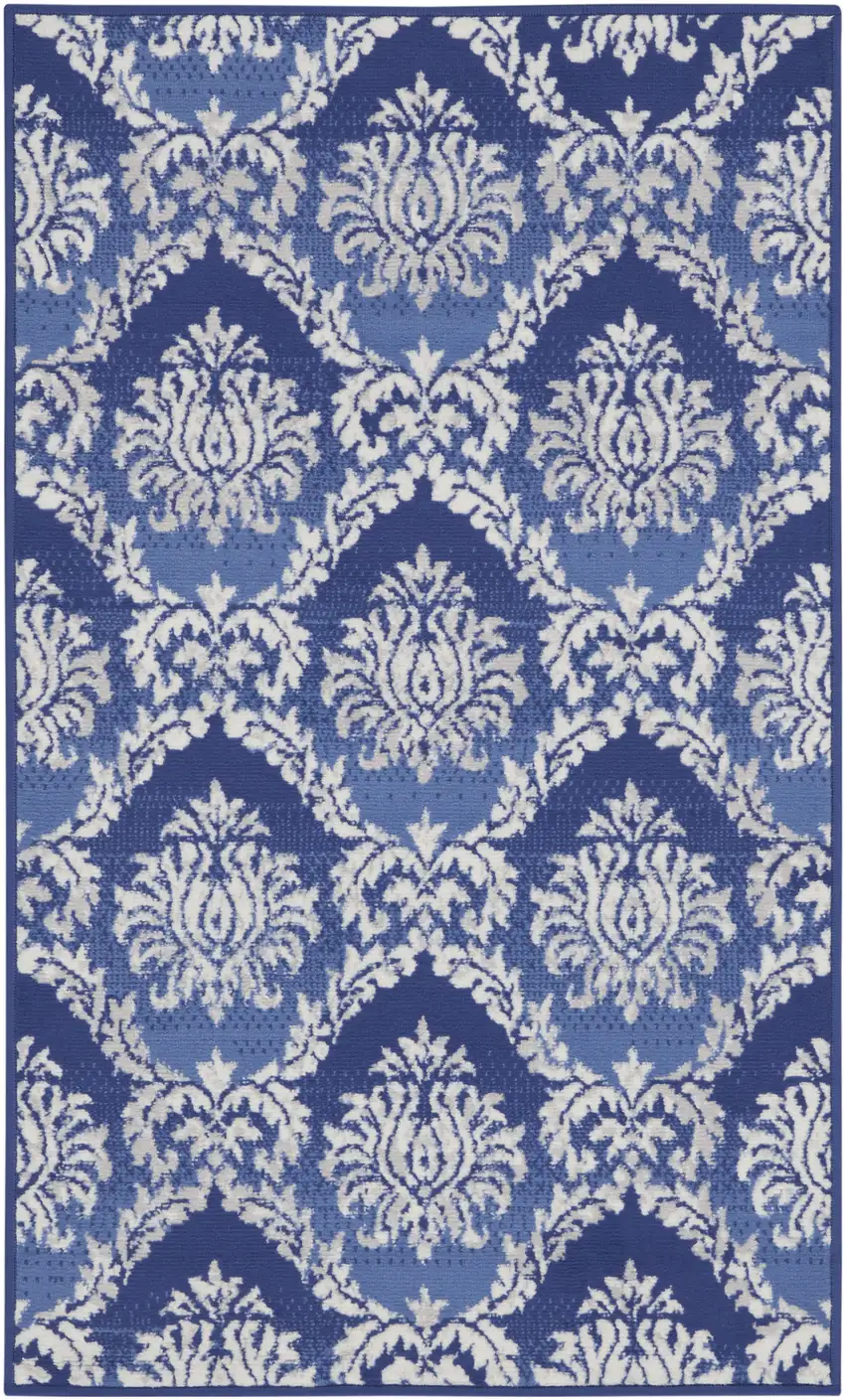 Blue and Ivory Damask Distressed Area Rug Photo 1
