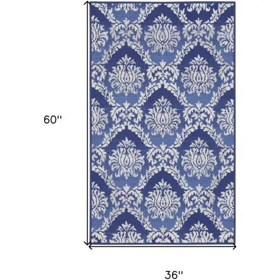 Blue and Ivory Damask Distressed Area Rug Photo 3
