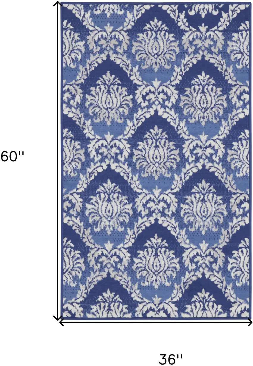 Blue and Ivory Damask Distressed Area Rug Photo 3