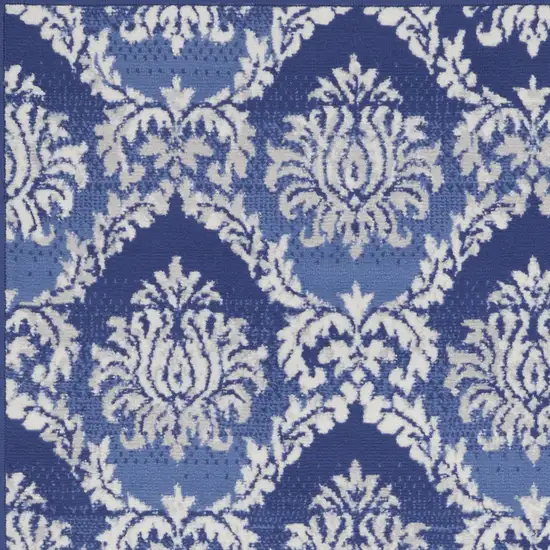 Blue and Ivory Damask Distressed Area Rug Photo 5