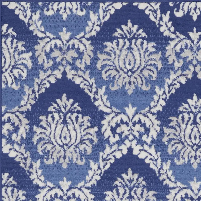 Blue and Ivory Damask Distressed Area Rug Photo 5