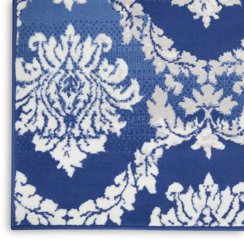 Blue and Ivory Damask Distressed Non Skid Area Rug Photo 8