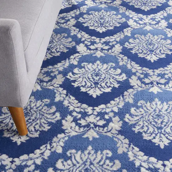 Blue and Ivory Damask Distressed Non Skid Area Rug Photo 9