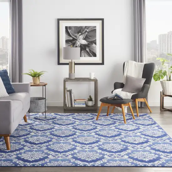 Blue and Ivory Damask Distressed Non Skid Area Rug Photo 6