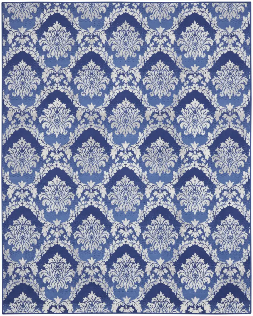 Blue and Ivory Damask Distressed Non Skid Area Rug Photo 2