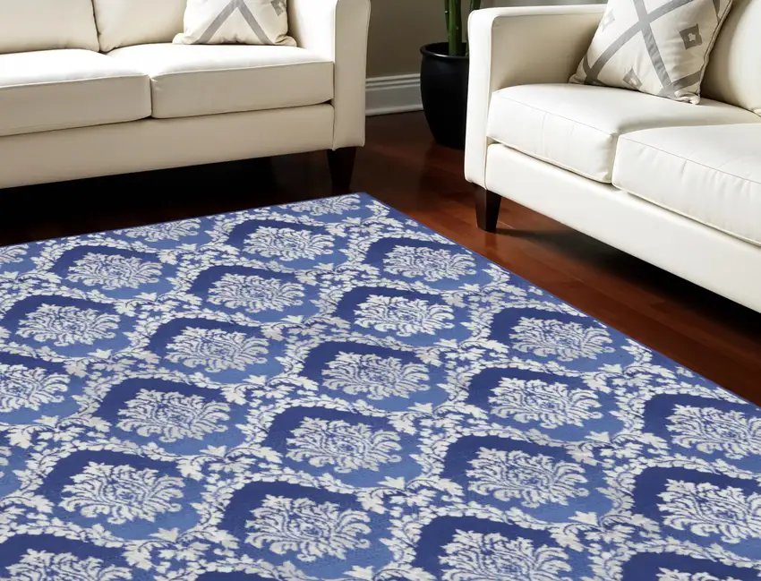 Blue and Ivory Damask Distressed Non Skid Area Rug Photo 1