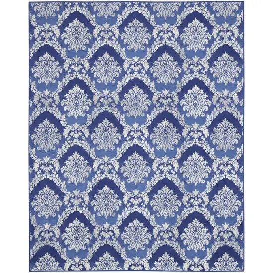 Blue and Ivory Damask Distressed Non Skid Area Rug Photo 1