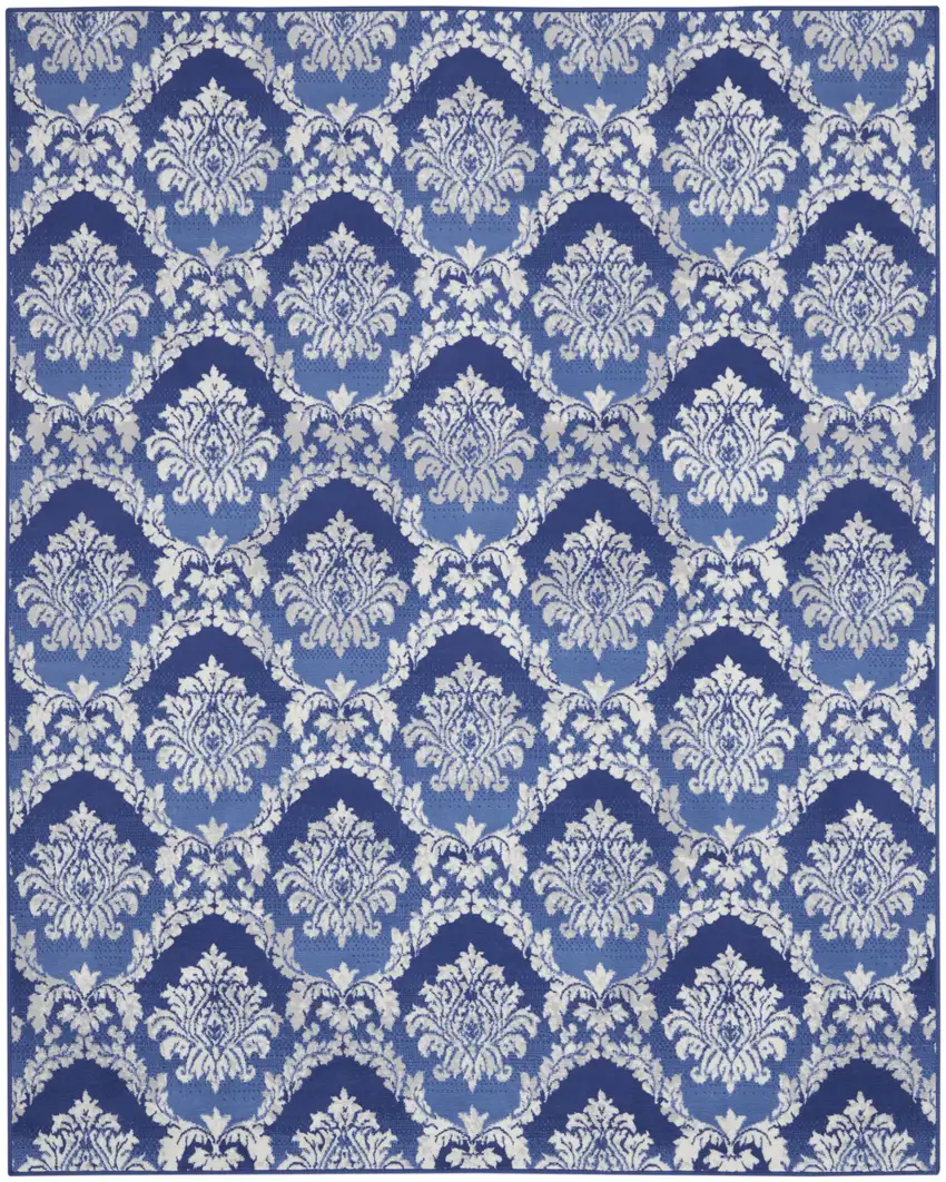 Blue and Ivory Damask Distressed Non Skid Area Rug Photo 1