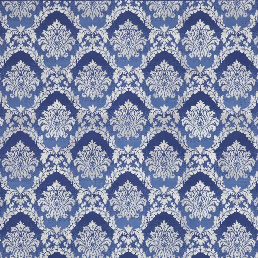 Blue and Ivory Damask Distressed Non Skid Area Rug Photo 6