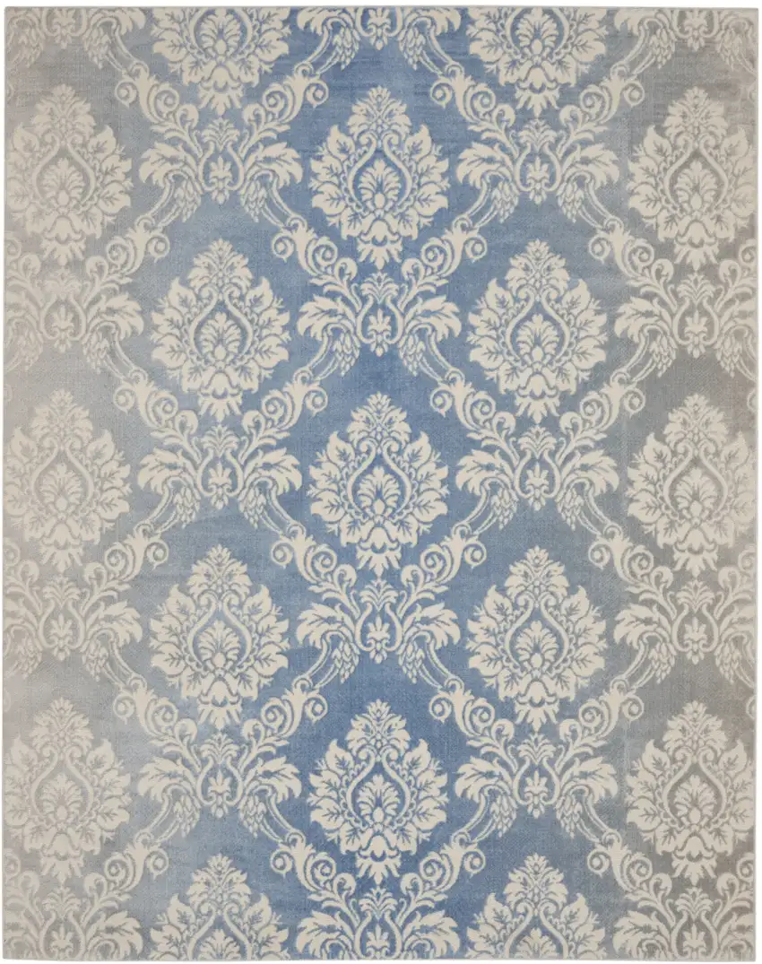 Blue and Ivory Damask Distressed Non Skid Area Rug Photo 2