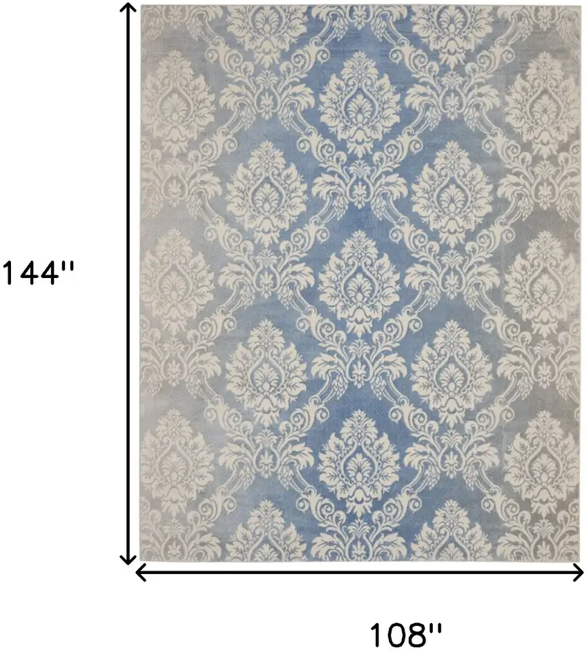 Blue and Ivory Damask Distressed Non Skid Area Rug Photo 3