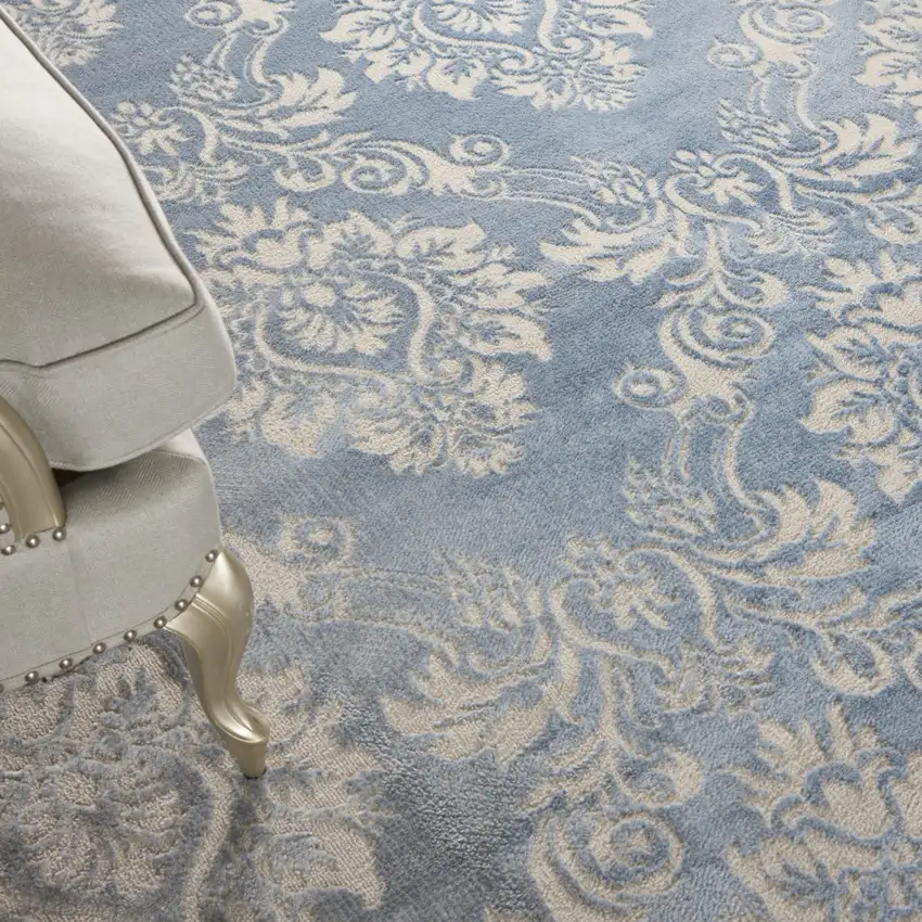 Blue and Ivory Damask Distressed Non Skid Area Rug Photo 7