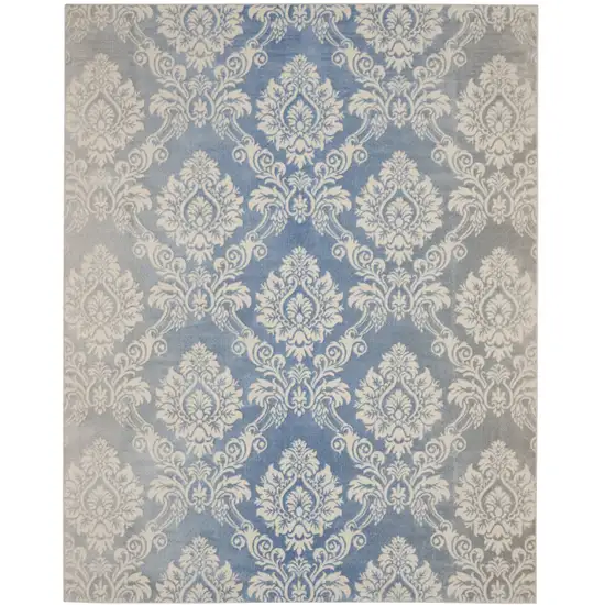 Blue and Ivory Damask Distressed Non Skid Area Rug Photo 1