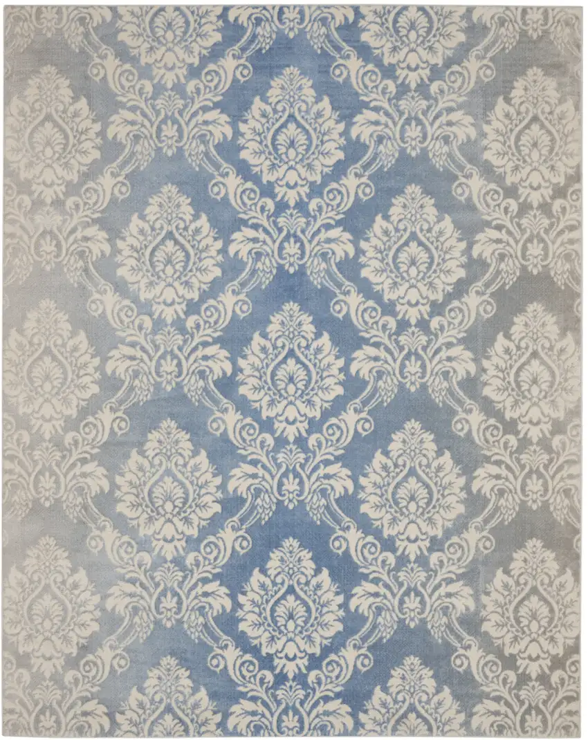 Blue and Ivory Damask Distressed Non Skid Area Rug Photo 1