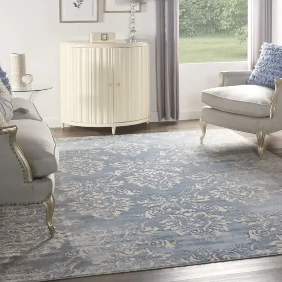 Blue and Ivory Damask Distressed Non Skid Area Rug Photo 3