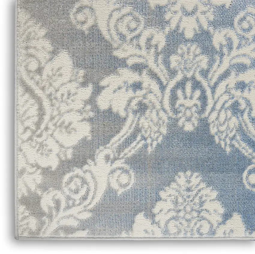 Blue and Ivory Damask Distressed Non Skid Area Rug Photo 6