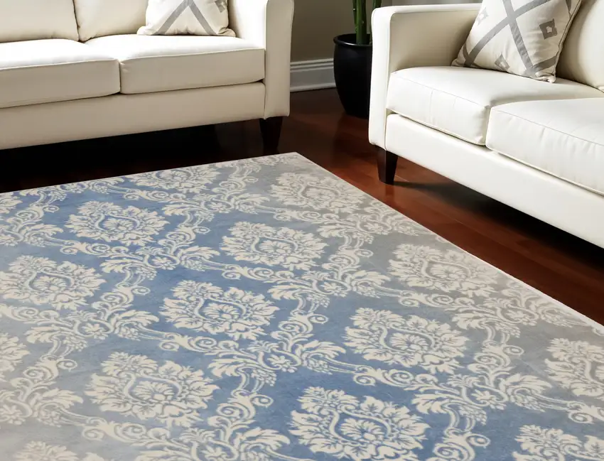 Blue and Ivory Damask Distressed Non Skid Area Rug Photo 1