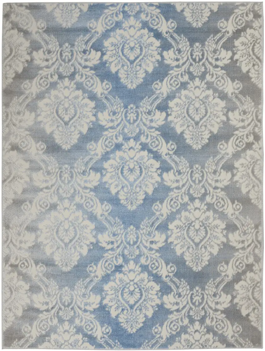 Blue and Ivory Damask Distressed Non Skid Area Rug Photo 2